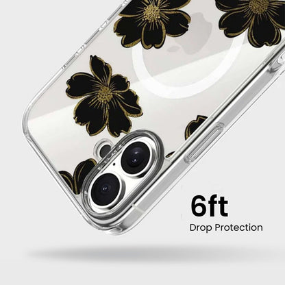 MagSafe iPhone 16 Black Flower Clear Case