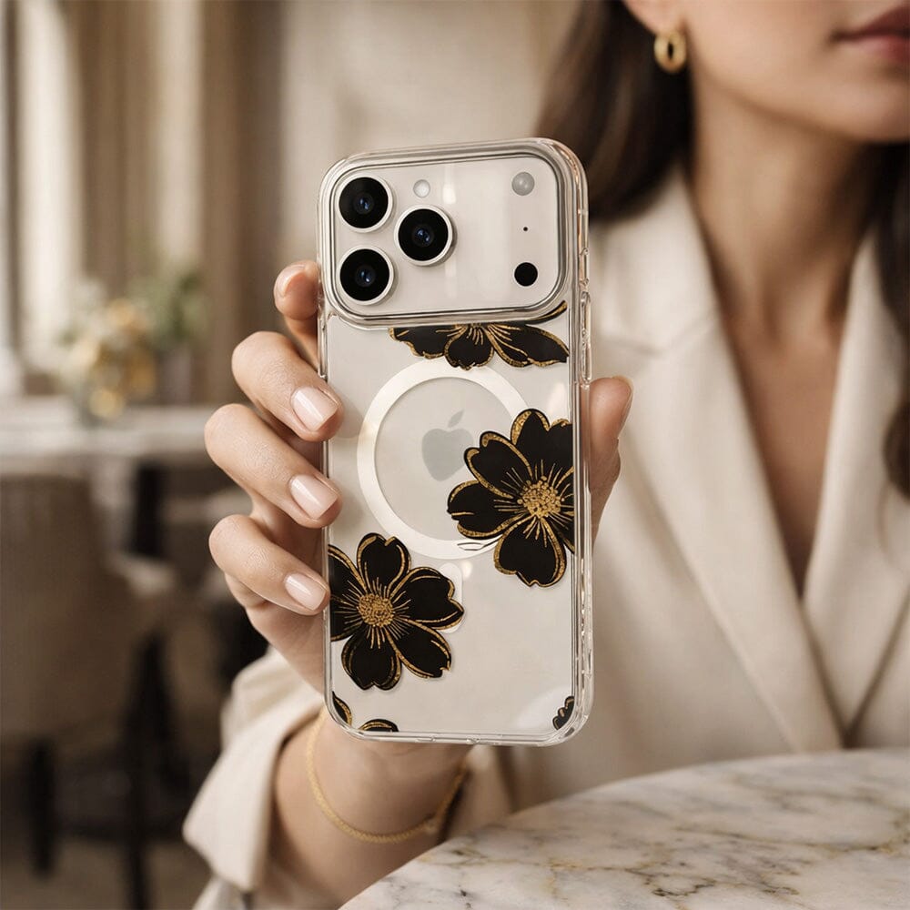 MagSafe iPhone 17 Pro Black Flower Clear Case