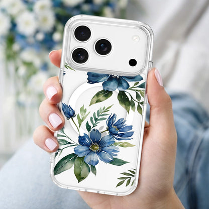 MagSafe iPhone 17 Pro Blue Floral Clear Case