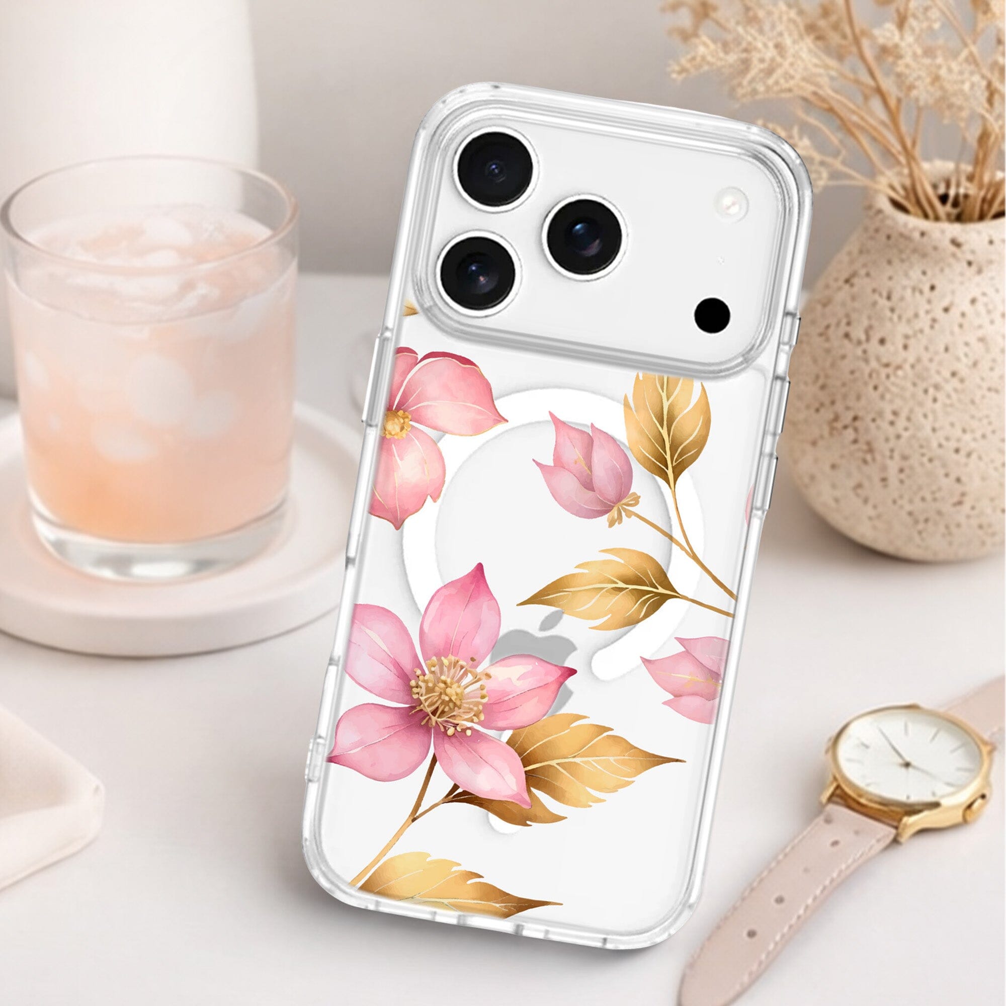 iPhone 17 Pro Max Pink Wildflower Clear Case With MagSafe