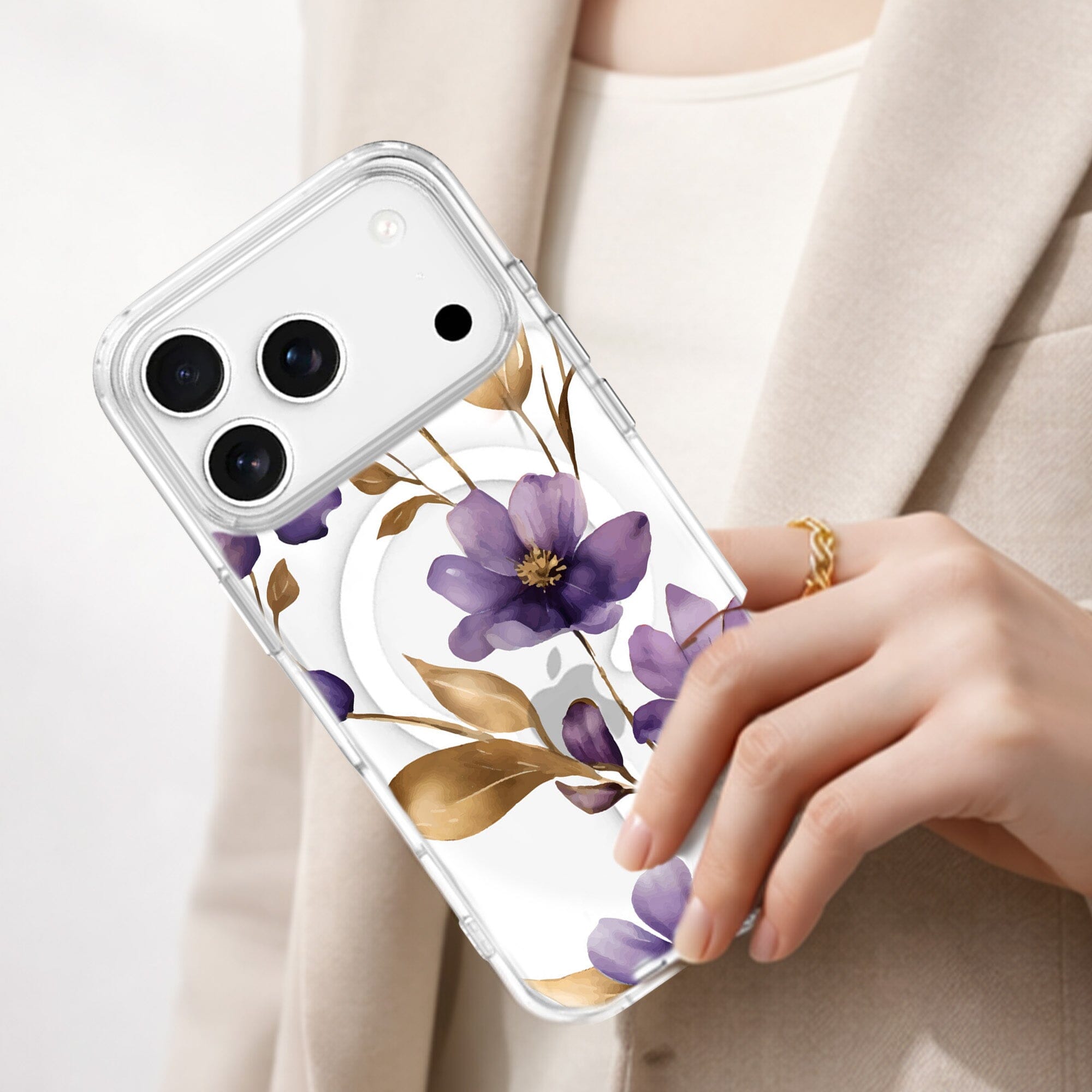 MagSafe iPhone 17 Pro Purple Wildflower Clear Case | 10‑ft Drop