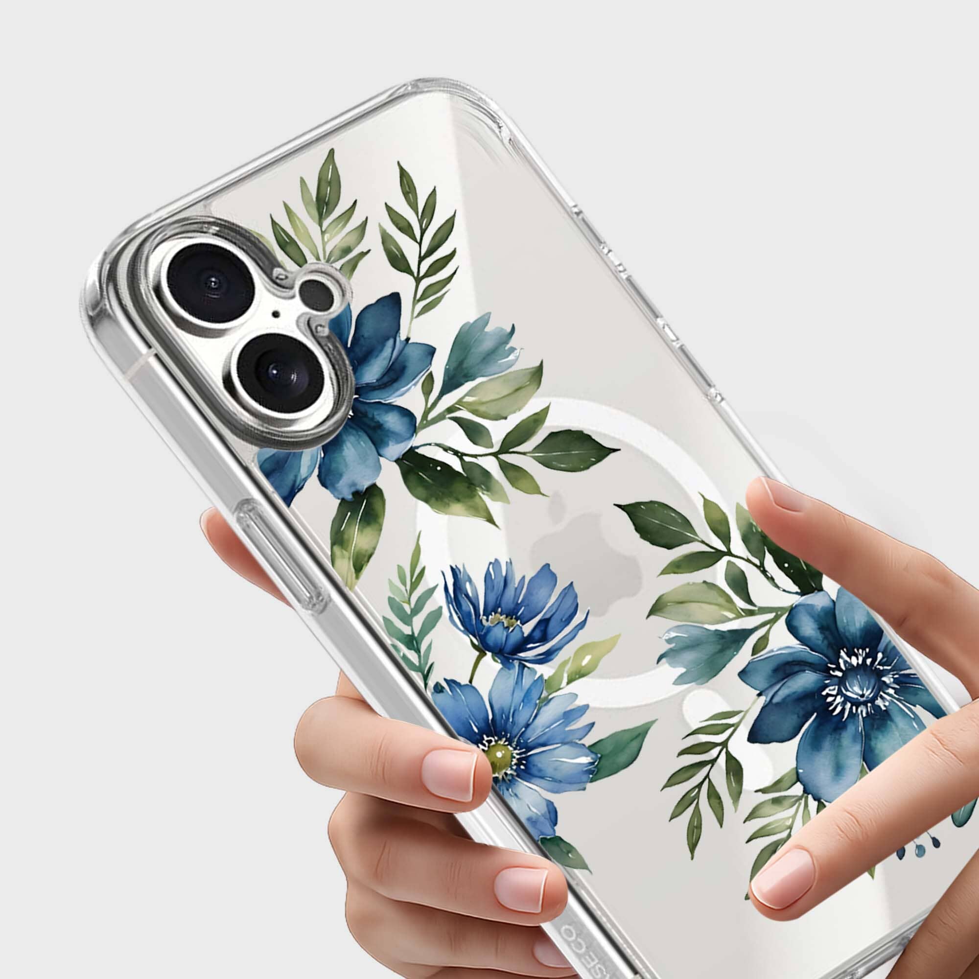 MagSafe iPhone 17 Blue Floral Clear Case