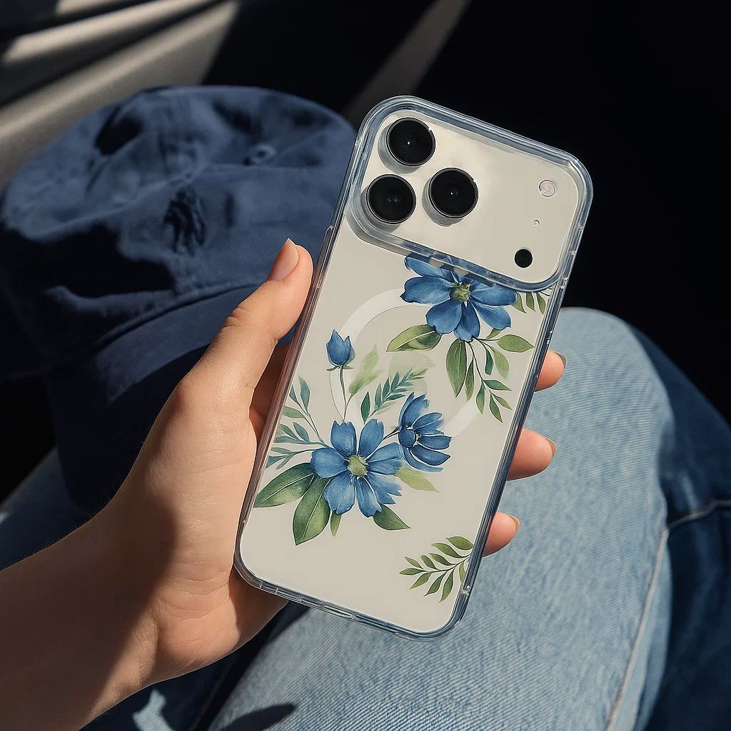 MagSafe iPhone 17 Pro Blue Floral Clear Case