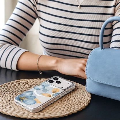MagSafe iPhone 17 Pro Max Blue Wildflower Clear Case
