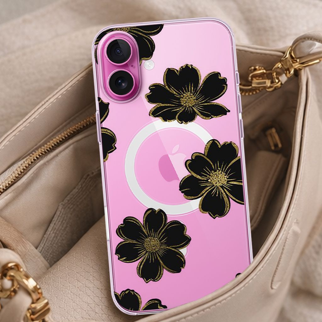 MagSafe iPhone 16 Black Flower Clear Case