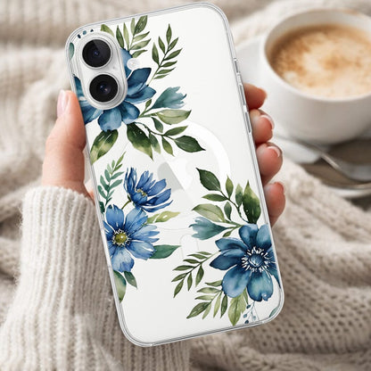 MagSafe iPhone 16 Blue Floral Clear Case