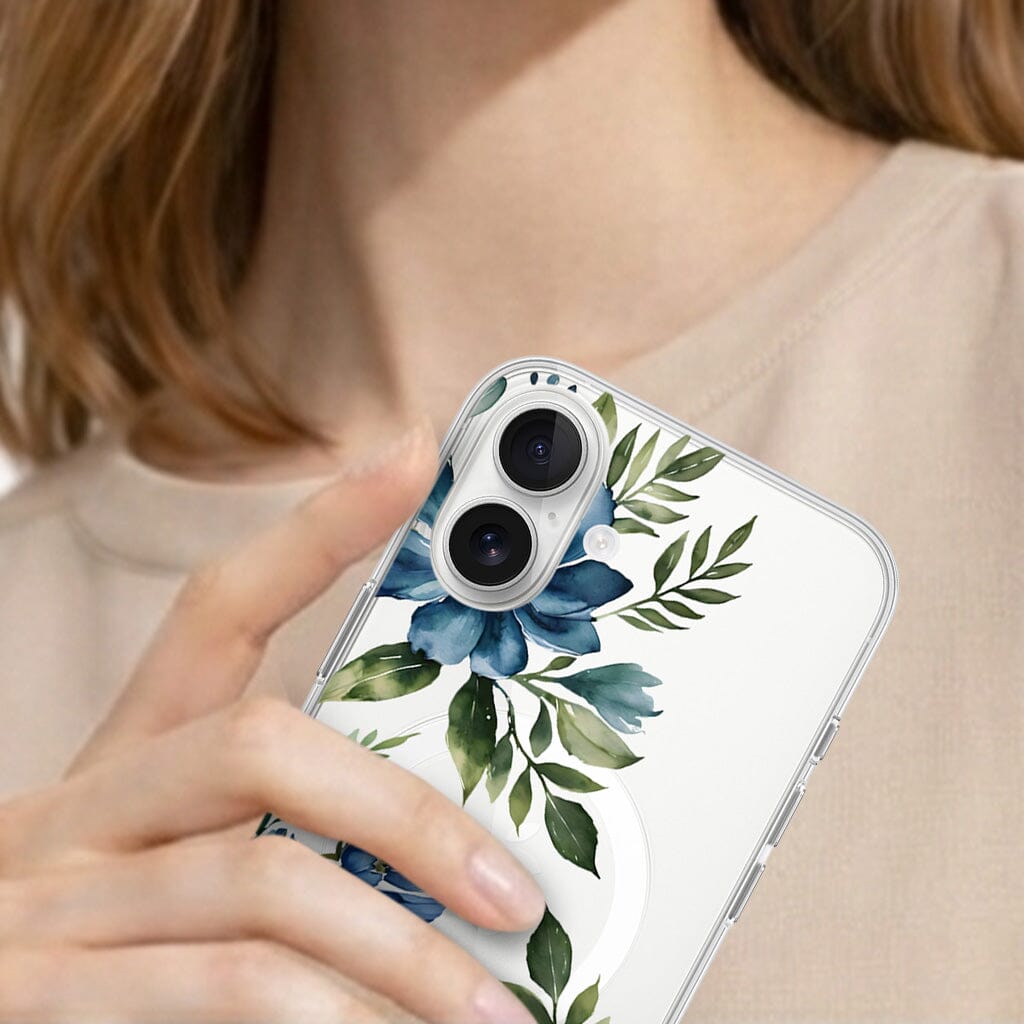 MagSafe iPhone 16 Blue Floral Clear Case