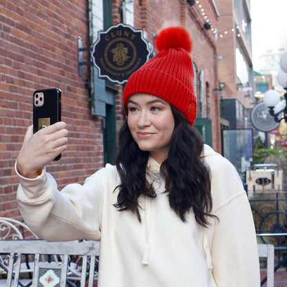 Women's Bluetooth Beanie With Red Faux Fur Pom Pom - Red