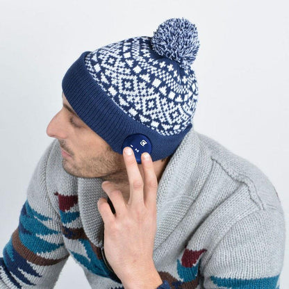 Blu Toque Bluetooth Beanie With Pom Pom - Navy With Snow Pattern | Caseco Inc. (Male Influencer-Side Navy beanie)